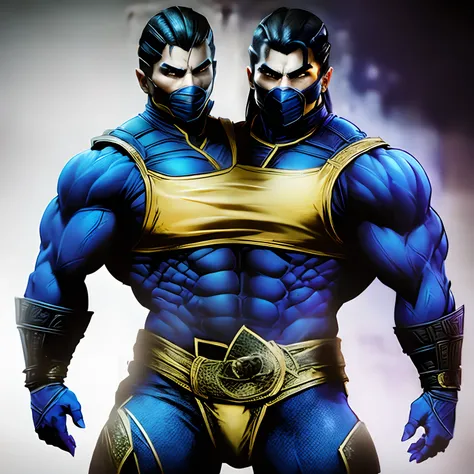 (2heads), mortal kombat female scorpion and male subzero, upper body, (big bulge:1.5),