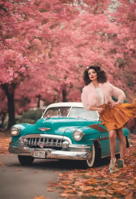 (Mulher cabelo rosa bonita em meias dos anos 1950,fixe uma roda no seu Buick vintage,Postcard style vintage photography:1.2),Rosto detalhado,sorridente,Retro hairstyle,(roupas vintage:1.1),classic car,Luz solar nebulosa,autumn leaves on the ground,jardim e...