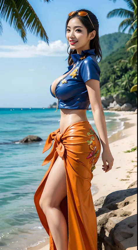 best quality, 4k, 8k, Detailed faces, nico robin, beauty girl, Korean makeup, Red lips, laugh, perfect body, orange hair, big breasts, thigh, solo, Look at the viewer, long silky hair, her outfit Orange trout long sarong dress, The sarong dress has red and...