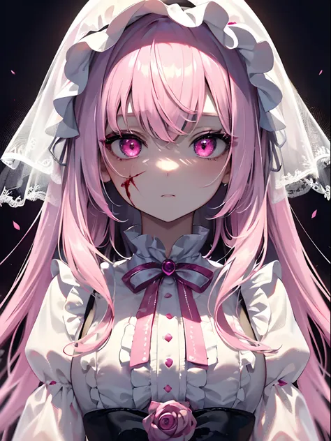 (Masterpiece, Best quality, ultra high resolution),1girl,white and pink hair, (blood), (face covered in blood),(ghost girl,non-human girl),fantasy, beautiful and detailed face, detailed eyes, glowing eyes,(pink lolita dress), pink eyes, looking at the view...