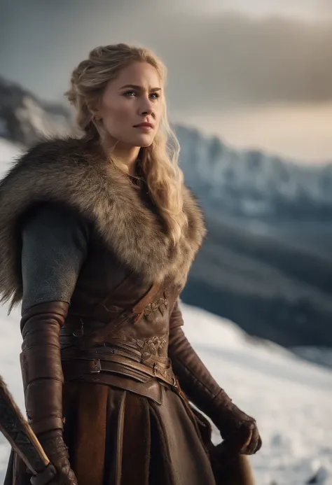 (best quality,portrait:1.2),beautiful detailed eyes and lips,blonde-haired,ruggedly beautiful face,(strong,confident) queen,a barbarian warrior in the tundra,warrior outfit,standing tall and proud in the snowy landscape,holding a mighty sword,icy breath vi...