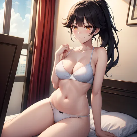 1girl,,big breasts,hotel room,bed,(8k),
,detailed face,black hair,brown eyes,very long hair,embarassed,small smile face,ponytail,hair, high_res, high_definition,battlefield,sexy pose,White_Brassier,black_panties,