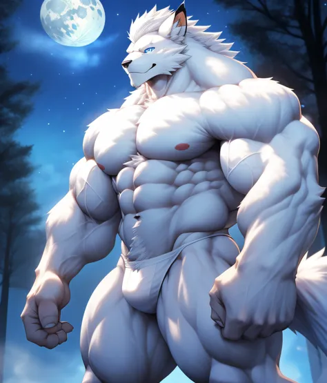 PRO competitive bodybuilder, nj5furry, (Albino Leomon, massive, huge, muscular, Gigachad), (((((WHITE THONG))))) (((((WHITE FUR, WHITE HAIR, WHITE MANE, WHITE SKIN))))) Albino Leomon, Albino ((extremely realistic shadows, masterpiece, extremely detailed, p...