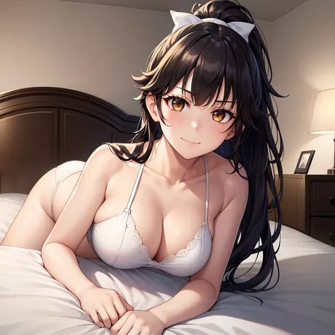 1girl,,big breasts,hotel room,bed,(8k),
,detailed face,black hair,brown eyes,very long hair,embarassed,small smile face,ponytail,hair, high_res, high_definition,battlefield,sexy pose,White_Brassier,black_panties,