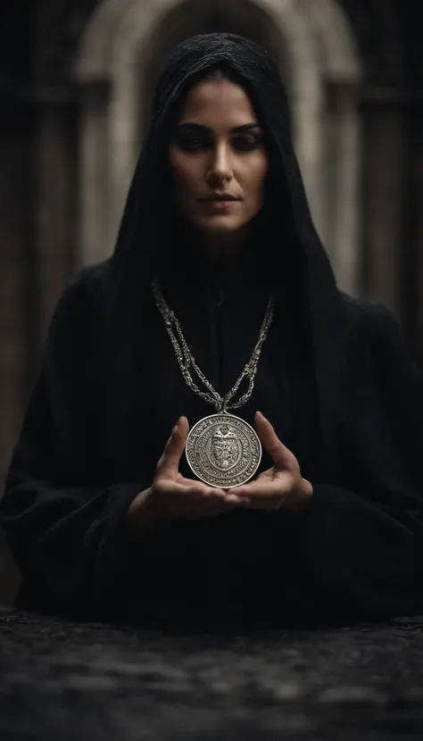 Uma rainha, de cabelos castanhos vestes preta, magia negra, dark backdrop, Ancient times. ela esta ajuelhada, holding a silver medallion.