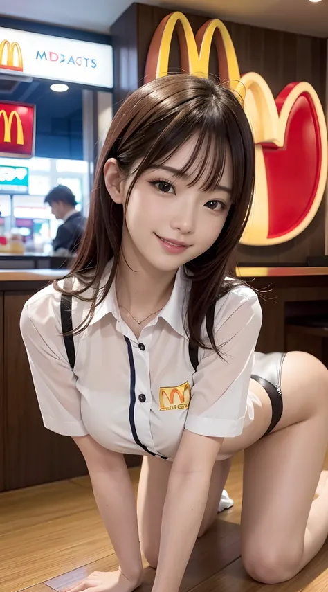 {8K Photo Quality:1.2}、{Ultra-high resolution photo quality:1.2}、{Super Real 1.2}、{Perfect limbs}、{japanes}、masutepiece、NSFW、1womanl、Solo、She wearing McDonalds uniform with McDonalds logos、{Being in the McDonalds}、She is a McDonalds staff、Dynamic sexy pose...