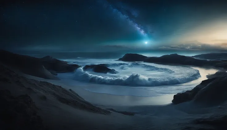 huge planet, the night, starrysky, surrealism, masutepiece, hight resolution、Impressive Milky Way:1.9、sand beach、Vast blue ocean、Blue Waves、Blue glacier、lightning bolt:1.9、Protoplanets、pure beauty