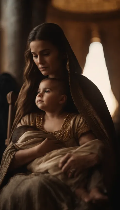 Uma rainha de cabelos castanhos, Ancient Robes. shes got a toddler on her lap. sentada em seu trono.