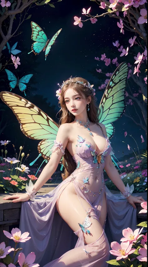 A woman with butterfly wings, Beautiful detailed eyes, Vibrant colors, Exquisite features, posing elegantly, Ethereal lighting, Fantasy artwork, A high resolution, Vivid colors, Magical atmosphere, style of surrealism, dreamlike landscapes, Soft focus, whi...