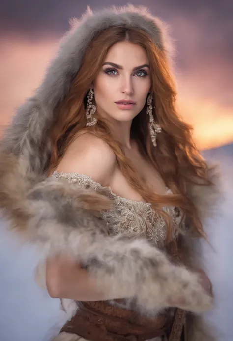 (La mejor calidad,retrato:1.2),hermosos ojos y labios detallados,cabello rubio,cara robustamente hermosa,(fuerte,confiado) Reina,Alina Kabaeva in her 20s as a barbarian warrior in the tundra,Traje de guerrero,Erguido y orgulloso en el paisaje nevado,sosten...