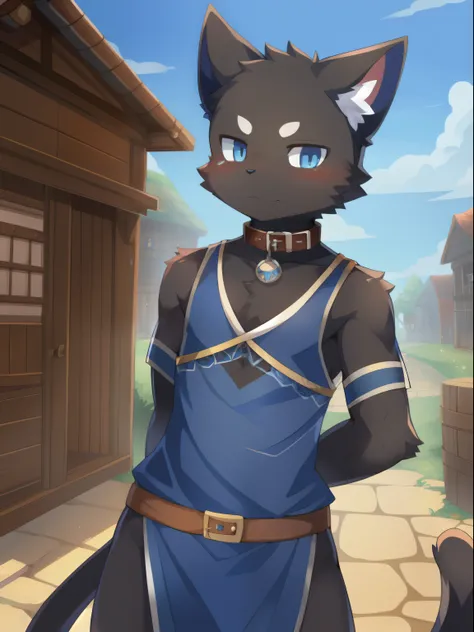 masterpiece, solo, 1boy, Furry, kemono, furry cat, anthropomorphic, male, black fur, black skin, blue eyes, blue wizard clothes, slave collar, sexy clothes, fantasy town, uploaded on e621,