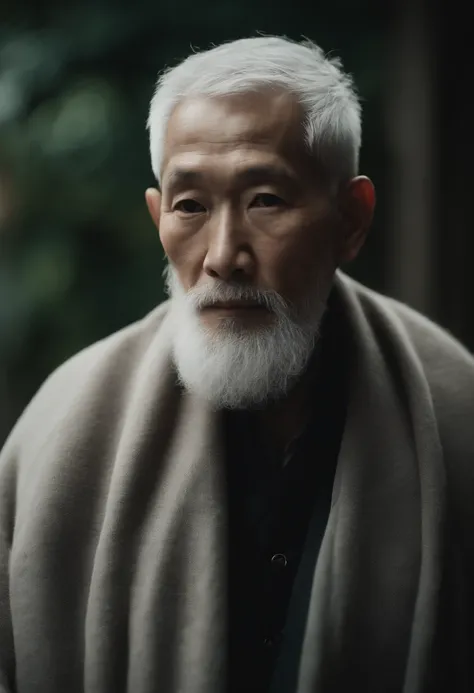 Cinematic portrait , Portrait of a father，Look at the viewer，An elderly Asian man,old man,Single single image，Thin and thin, (80 years:1.1), (shaved pubic hair:1.2), (very short white hair，A little curly:1.5),(Long beard:1.6).Dark coat,Minimalist backgroun...