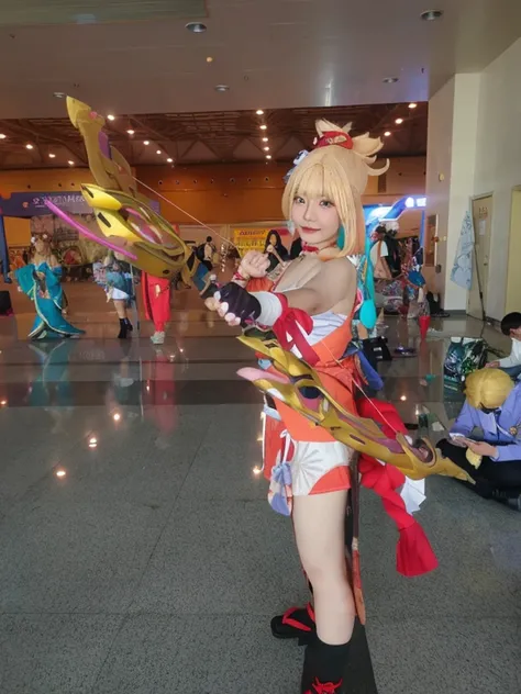 There is a woman in a cosplay costume holding a bow and arrow, rpgmaker, Anime cosplay, Anime girl cosplay, zhongli from genshin impact, cosplay, Ayaka cosplay, Keqing from Genshin Impact, ayaka game genshin impact, professional cosplay, cosplay foto, Ayak...