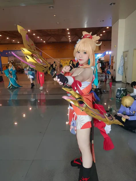 There is a woman in a cosplay costume holding a bow and arrow, rpgmaker, Anime cosplay, Anime girl cosplay, zhongli from genshin impact, cosplay, Ayaka cosplay, Keqing from Genshin Impact, ayaka game genshin impact, professional cosplay, cosplay foto, Ayak...