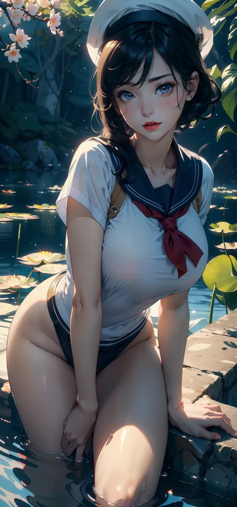 1female，45 yers old，Married Woman，熟妇，plumw，extremely large bosom， 独奏，（Background with：ponds，Cherry blossom forest，lotus flower）Lie underwater， She has short black hair，seen from the front，， mostly cloudy sky，（（（tmasterpiece），（Very detailed CG unity 8K wall...