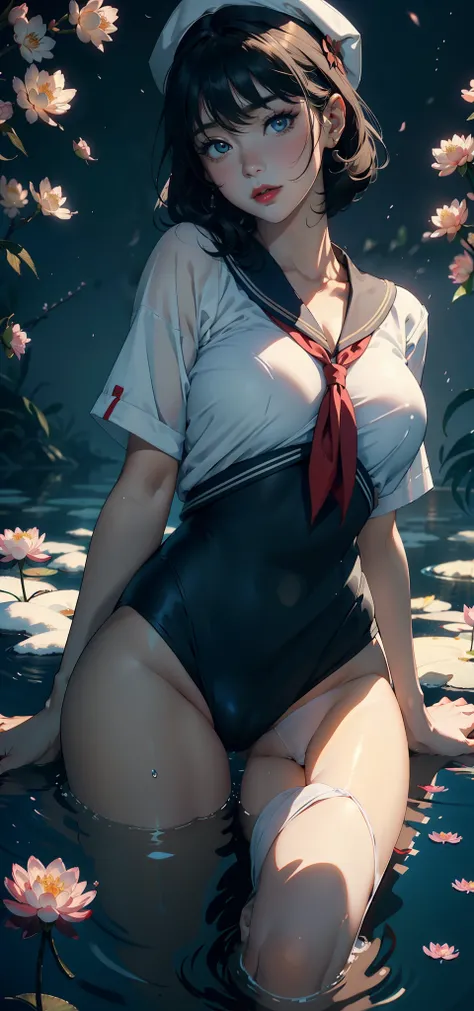 1female，45 yers old，Married Woman，熟妇，plumw，extremely large bosom， 独奏，（Background with：ponds，Cherry blossom forest，lotus flower）Lie underwater， She has short black hair，seen from the front，， mostly cloudy sky，（（（tmasterpiece），（Very detailed CG unity 8K wall...