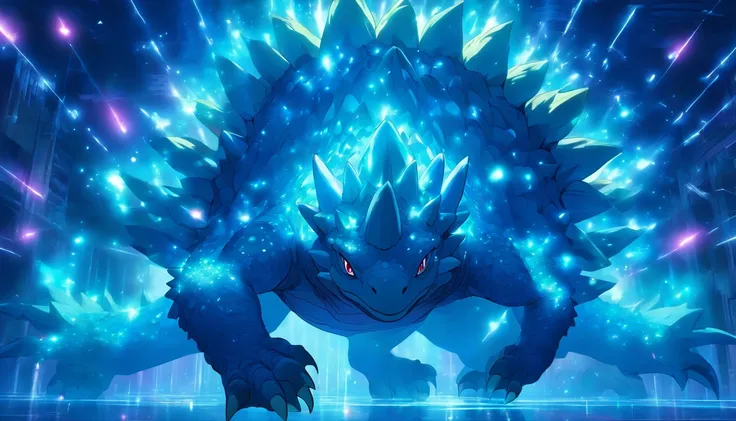 Stegosaurus, deep teal blue with a luminescent light blue glow, light blue lines, glowing iridescent orbs all around, Dancing Lights, masterpiece, best quality