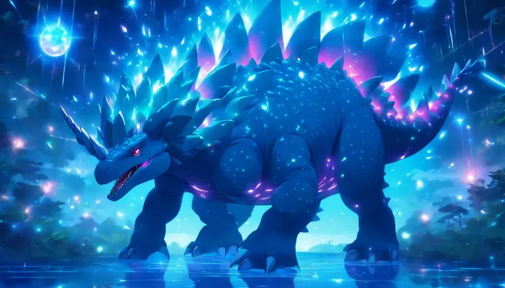 Stegosaurus, deep teal blue with a luminescent light blue glow, light blue lines, glowing iridescent orbs all around, Dancing Lights, masterpiece, best quality