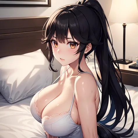 1girl,,big breasts,hotel room,bed,(8k),
,detailed face,black hair,brown eyes,very long hair,embarassed,shy,ponytail,hair, high_res, high_definition,battlefield,sexy pose,White_Brassier,black_panties,