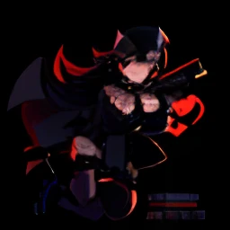 (best quality, anime, cartoon),dark background,portrait,low key lighting,gothic style,color, black leotard, boots, gloves, pistol, full body, guns in both hands, smug, smiling, looking at viewer, black eyeshadow, brown eyes, black hair, blood red lipstick,...