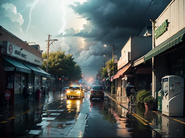 Bustling downtown streets. vending machines, trash cans, Plant pots, offtake, strong winds, fish tank, pipelines, electrical wires, The logo of a large Japanese store, Buildings, Many people hide in convenience stores.Skysky，Exceptionally heavy rainstorms，...