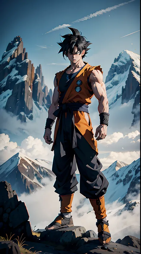 1 male, Goku, black hair, arms crossed, standing, full body portrait, 8k, masterpiece, UHD, HDR, very detailed, mountain background, serious face, greyscale color, anime art style,