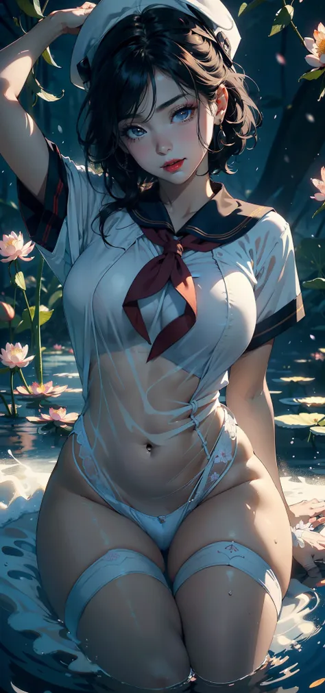 1female，45 yers old，Married Woman，熟妇，plumw，extremely large bosom， 独奏，（Background with：ponds，Cherry blossom forest，lotus flower）Lie underwater， She has short black hair，seen from the front，， mostly cloudy sky，（（（tmasterpiece），（Very detailed CG unity 8K wall...