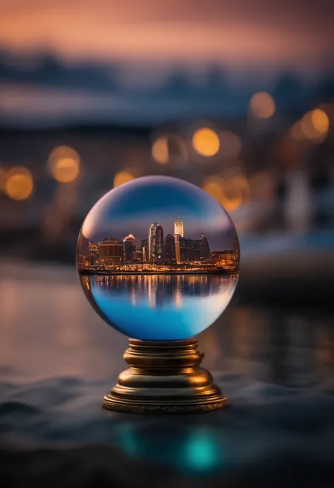 Mini(tpose), (8K, RAW photo, Best quality, Masterpiece:1.2), Colorful background, Clean background, Depth of field, City, Tall structures, Miniature, landscape, isometry,in Crystal ball, 16:9, beach, Waves