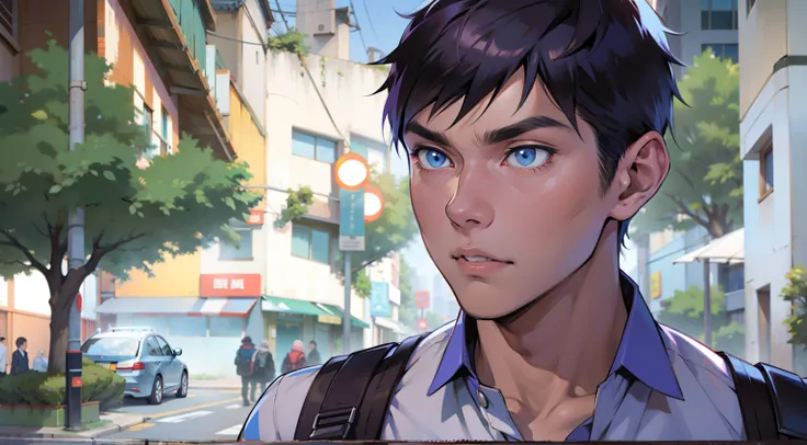 Anime character 14 years old young with blue eyes and backpack in a city, comic 2d