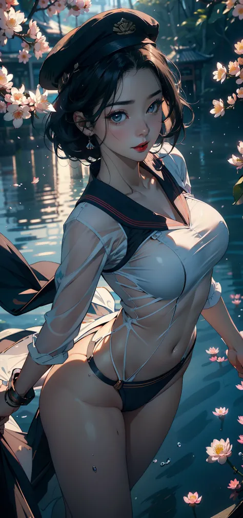 1female，45 yers old，Married Woman，熟妇，plumw，extremely large bosom， 独奏，（Background with：ponds，Cherry blossom forest，lotus flower）Lie underwater， She has short black hair，seen from the front，， mostly cloudy sky，（（（tmasterpiece），（Very detailed CG unity 8K wall...