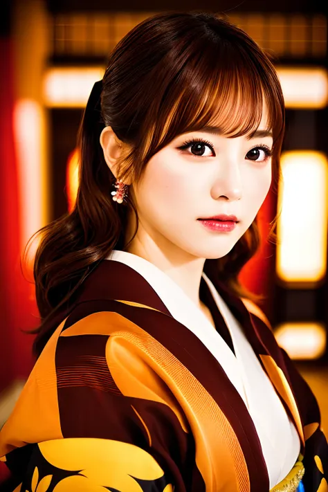 Indoor Japan Dance ,Portraits,Ultra Sharp Focus,High contrast, Kimono,Brown eyes,, Center Image,(26 year old woman,)Brown hair.