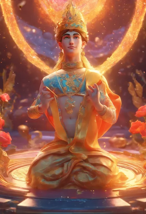 divine spirit, optimistic boy, Sagittarius representation, cheerful expression, vibrant colors, detailed eyes and lips, mystical atmosphere, celestial background, artistic illustration, high quality (8k resolution:1.2), realistic rendering, soft lighting.