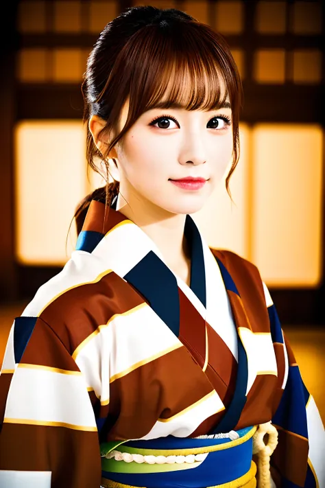 Indoor Japan Dance ,Portraits,Ultra Sharp Focus,High contrast, Kimono,Brown eyes,, Center Image,(26 year old woman,)Brown hair.