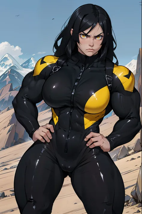 ((1 girl)), solo, black hair, extremely long hair, yellow eyes, (angry), pale skin, (((((((muscular))))))), ((thick thighs)), ((huge breasts)), (((black body suit))), (((wide hips))), mountain range background, (shiny skin), close up