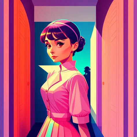 Audrey Hepburn de corpo inteiro, standing on her feet, in a dynamic pose wearing a trendy outfit, desenhada pela Gucci::3, Tumblr, inspirada no estilo Yanjun Cheng, Arte Digital, meme lofi garota internet, Trend in Dezeen, catalog photo, 3 d render bipe, R...