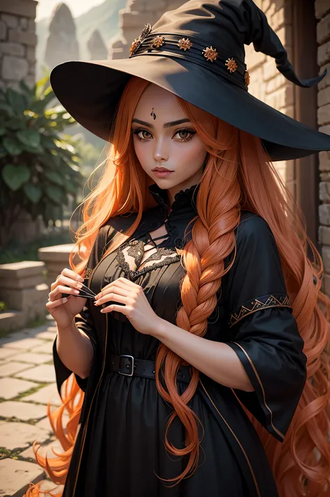 Hispanic Beautiful Woman　Witchs Wand　Long orange hair　Mysterious black clothes　medium chest　black cat　Crystal jade　Mystical landscape　Gentle brown eyes　Hides the skin