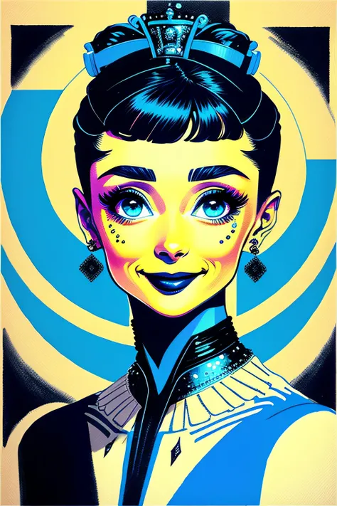 (obra-prima, 4k, ultra detalhado, foto delicada: 1.2), illustration,
(Audrey Hepburn  jovem e sorrindo:1.2),
(fundo simples, fundo preto1.4), (cor azul e vernelho)
(Art Deco:1.4), (Detalhado:1.4),
(minimalismo:1.4),
(limpo:1.4),
(vetorial:1.4),
CCDDA Artst...