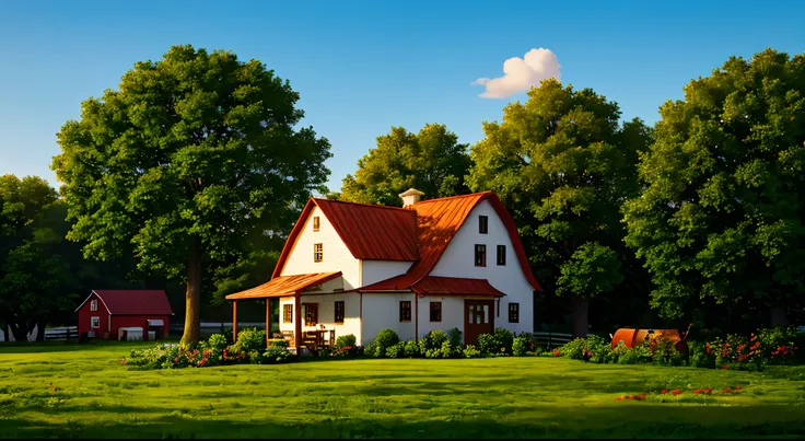 exterior design, a perspective of a farm, vibrant colors, trees, plants, elements of a farm.