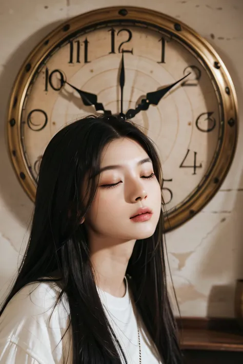 Antique wall clock、Contemplative girl in retro coffee shop with stucco walls、Black hair, longeyelashes, Solid Circle Eyes, hair over shoulder, Half-closed eyes、,Pensive, Atmospheric perspective, Northern Renaissance, reflective light, 8K, Super Detail, ccu...