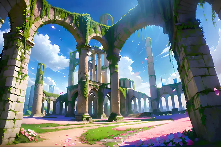 game illustration, scenery, sky, no humans, cloud, day, arch, flower, petals, outdoors, pillar, fantasy, blue sky, ruins, buildi...