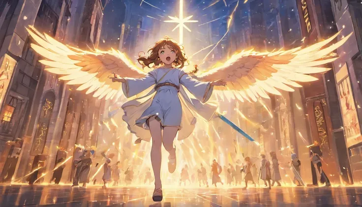 scene of the Bible rapture, jesus in heaven with angels, city on knees, frightened, people running, new york city, time square, return of christ, return of christ, scene of the second coming of christ, angels in heaven, jesus christ white in heaven