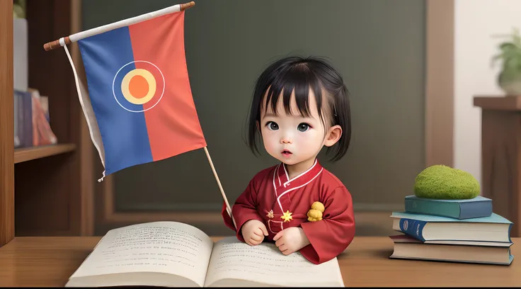 Create an image of a baby holding a Vietnamese flag and a book, Behind is the Vietnamese flag