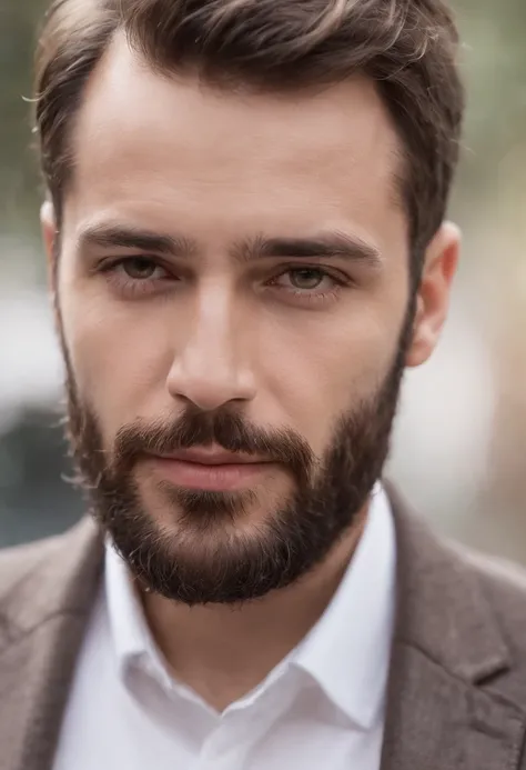 Fullard man with beard and blazer looking into the camera, homem muito atraente com barba, cinematic headshot portrait, barba marrom grossa, barba cuidada, barba marrom, homem bonito barbudo, barba marrom curta, Barba de cor clara, antony starr, barba gris...