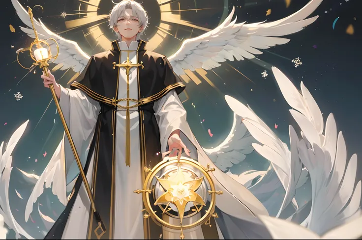 title：Angelic priest in the divine light

body：
In a quiet and peaceful church，Standing a perfect and refined priest。He wears four angel wings as white as snow，Every feather shines with pure and immaculate light。Surrounded by sacred and brilliant golden li...