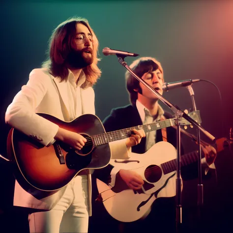 imagem arafed de um homem com uma guitarra e um homem com uma guitarra, John Lennon, Jorge Harrison, fotografia de concertos dos anos 70, Velho John Lennon, Foto de 1970 da revista Live, Beatle, Eddie, Elton John Lennon, Os Beatles, 6 de maio 8, 1 9 6 9, 1...