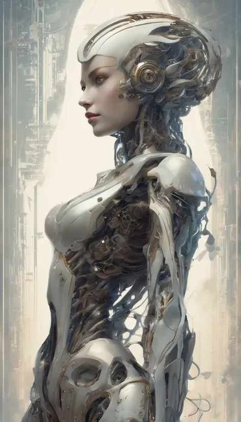 Beautiful girl robot with rich metal body decoration, Sf, obra-prima de arte intrincada, agourento, cartaz de filme de pintura fosca, proportion Aurea, trending in cgsociety, intrincado, epics, trending on ArtStation, por artgerm, h. r. Giger e Beksinski, ...