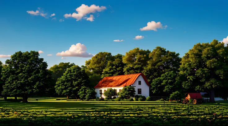 a farm, vibrant colors, trees, plants, blue sky with white clouds, elements of a farm.