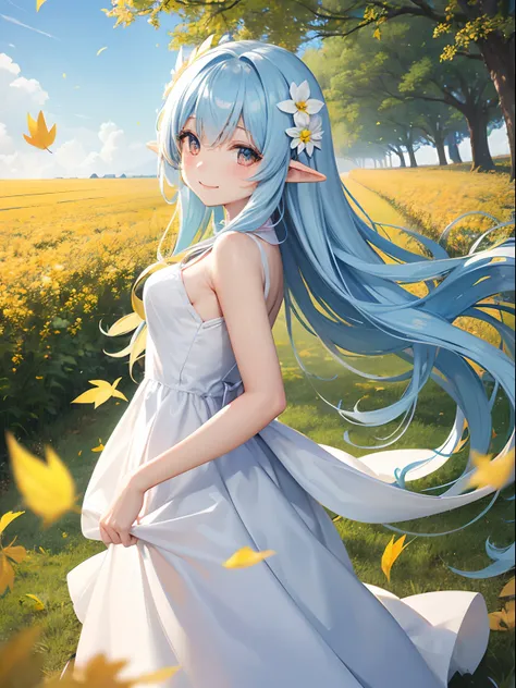 Adorable beautiful girl、Light blue long hair、Twin-tailed、A charming smile、A delightful!　White and yellow dresses、Flower Fairy、the wind、suns、Vast autumn foliage background(a picture)、Falling leaves flutter(Some photos)