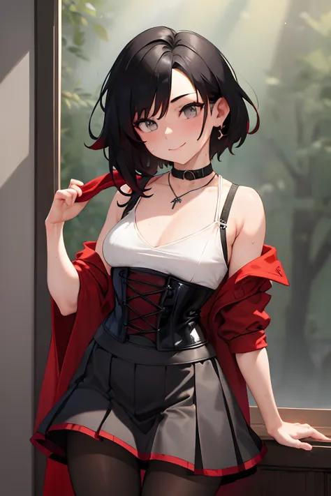 (Masterpiece, Best Quality:1.2), Cowboy shot, age progression, short, 1girl,black colored hair, short hair, smile, closed mouth, looking a viewer, black shirt, corset, black pleated skirt, pantyhose, red cloak, Jewelry, necklace, earrings, small-breasts, s...