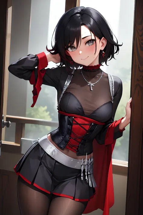 (Masterpiece, Best Quality:1.2), Cowboy shot, age progression, short, 1girl,black colored hair, short hair, smile, closed mouth, looking a viewer, black shirt, corset, black pleated skirt, pantyhose, red cloak, Jewelry, necklace, earrings, small-breasts, s...